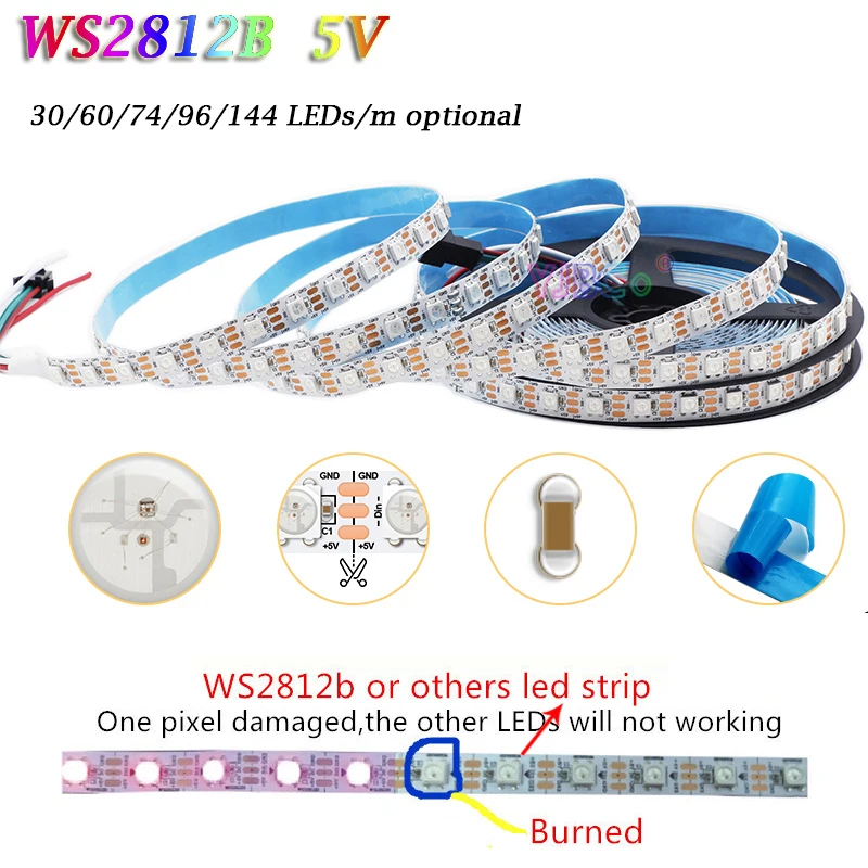 

WS2812B LED Strip 5V Individually addressable Flexible lamp Tape 30/60/74/96/144 pixels/m WS2812 5050 RGB Light bar IP30/65/67