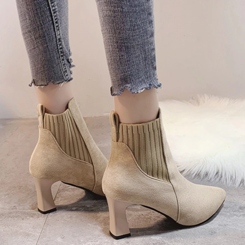 Ankle Boots Women Autumn Pointed Toe Knitted Warm Elastic Women\'s Shoes Shoes Casual High Heels Platform Boots Botas De Mujer