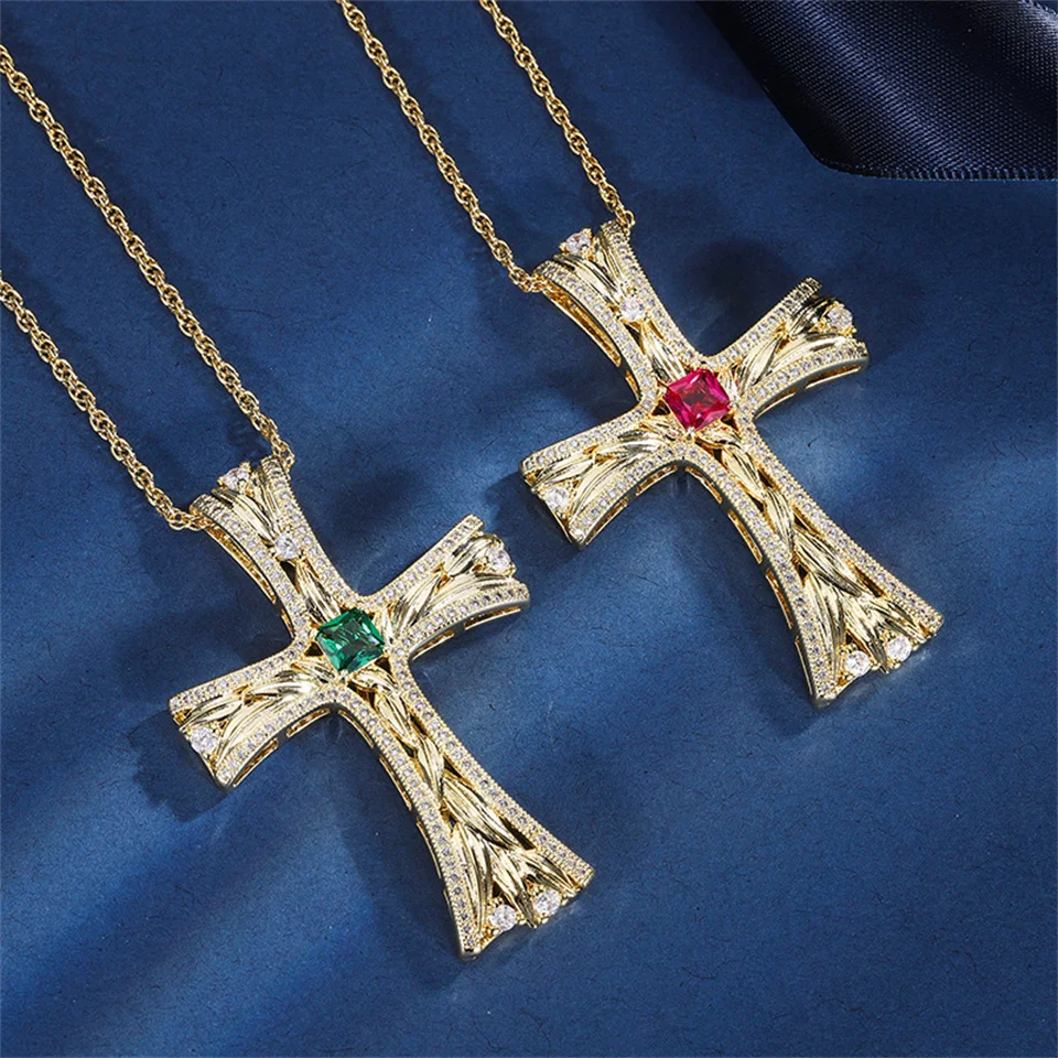 

New Colored Gemstone Gold Cross Pendant Main Stone 5*5 Unique And Exquisite Textured Cross Stainless Steel Necklace Jewelry Gift