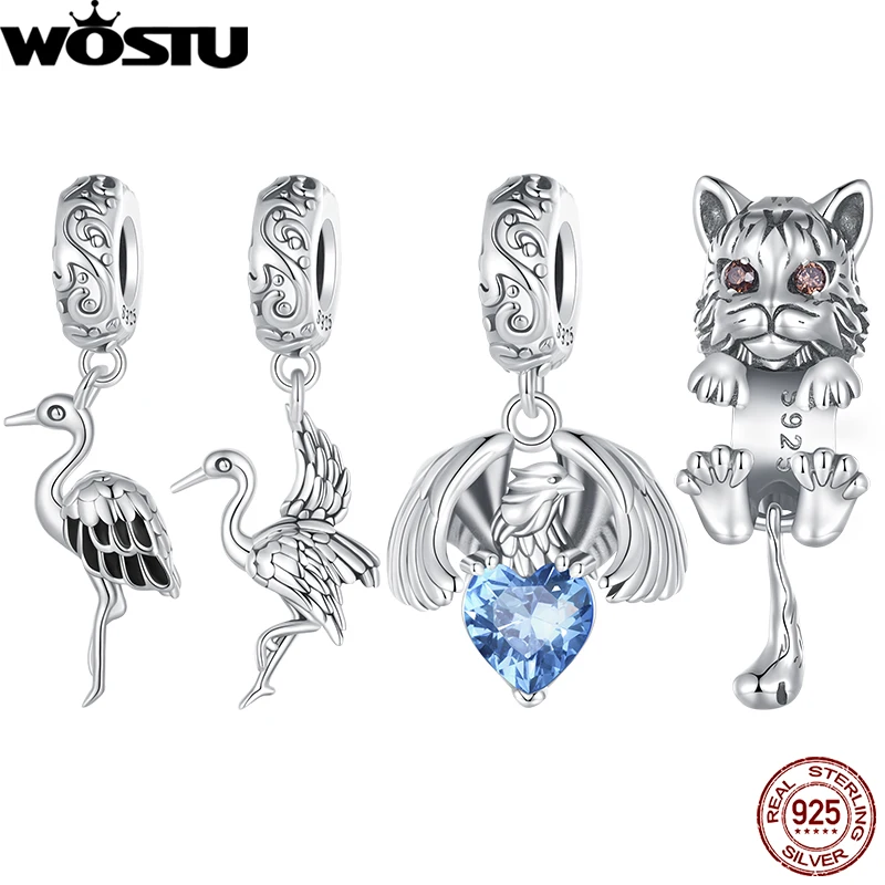 WOSTU 925 Sterling Silver Retro Wild Animal Crane Charm Lynx Cat Eagle Pendants Oxidized Beads Fit Original Bracelet DIY Gift