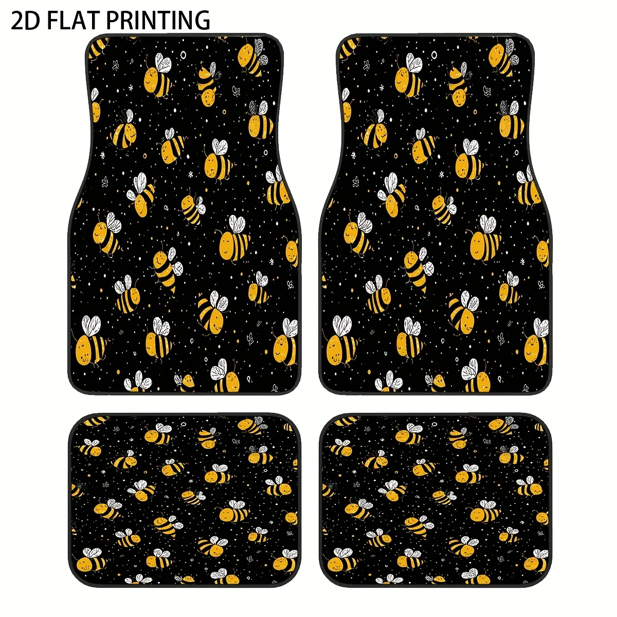 

4pcs Set Black Background Bright Color Little Bee Pattern Printed Car Floor Mats Universal Material Four Seasons Car Interior Pr