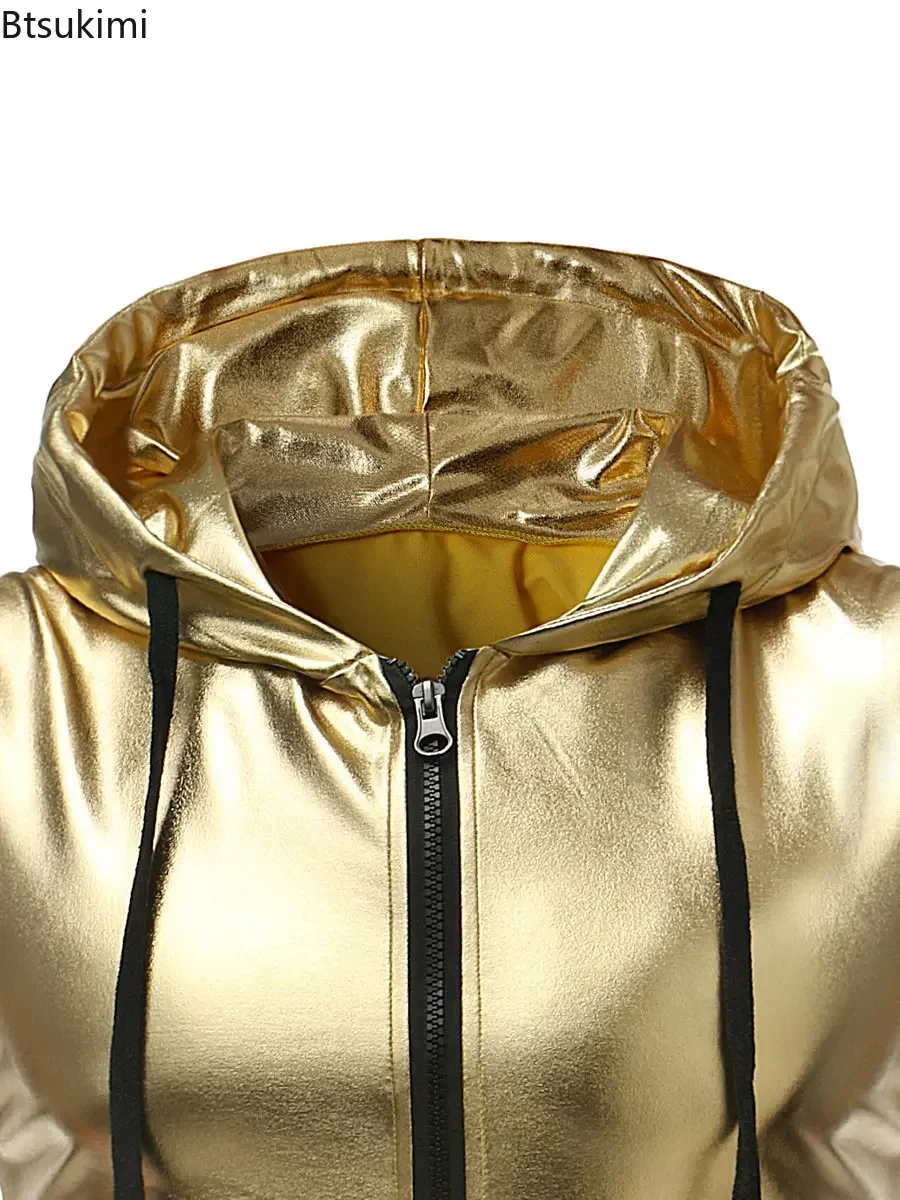 2024 Shiny Gold Coated Metallic Tank Top Men Fashion Hip Hop Sleeveless Hoodie Tank Men Nightclub Party Dance Zipper Tops Tee