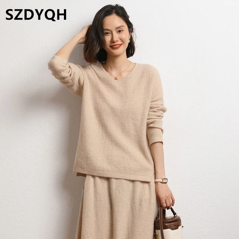 2023 Autumn Winter New 100% Cashmere Sweater Women\'s V-Neck Fashion Warm Sweaters Female Loose Large Size Knitted Pullover