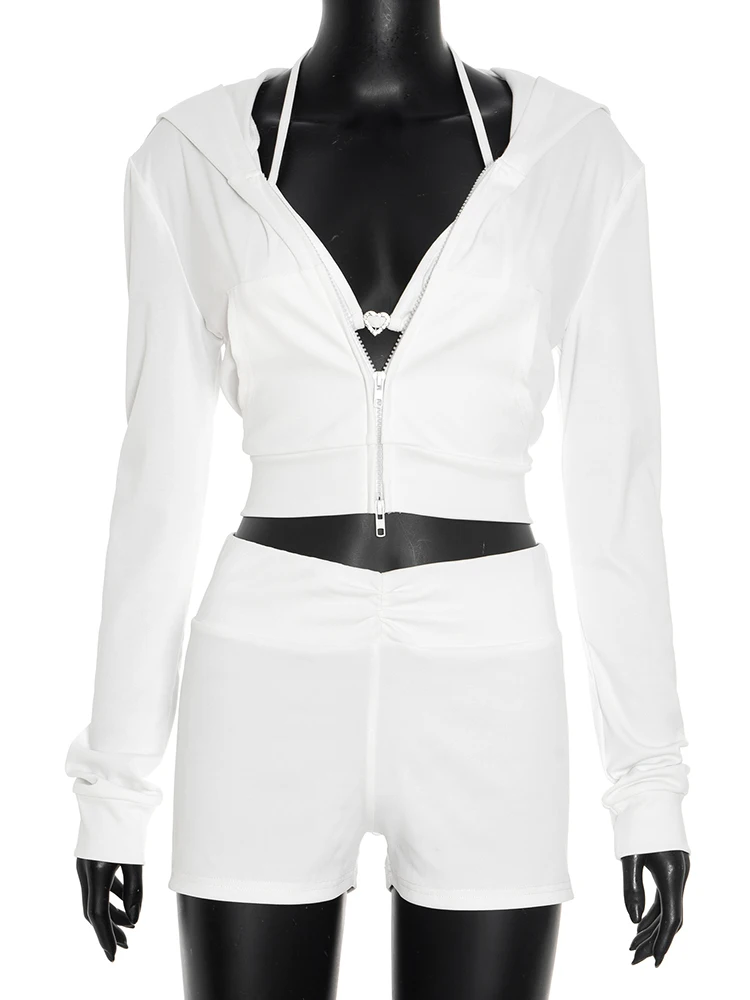 Nibber Chic Ensemble 3 Pièces Femmes Halter Lace-Up Soutien-Gorge Tops + À Capuche Zip Manteau + Shorts Correspondant Haute Stretch Casual Sexy Vacances Tenues