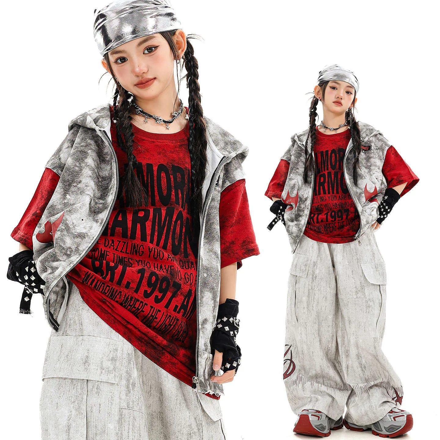 

Kid Kpop Hip Hop Clothing Mixed Gray Hoodie Vest Red Letter T Shirt Casual Wide Pockets Pants for Girl Boy Dance Costume Clothes