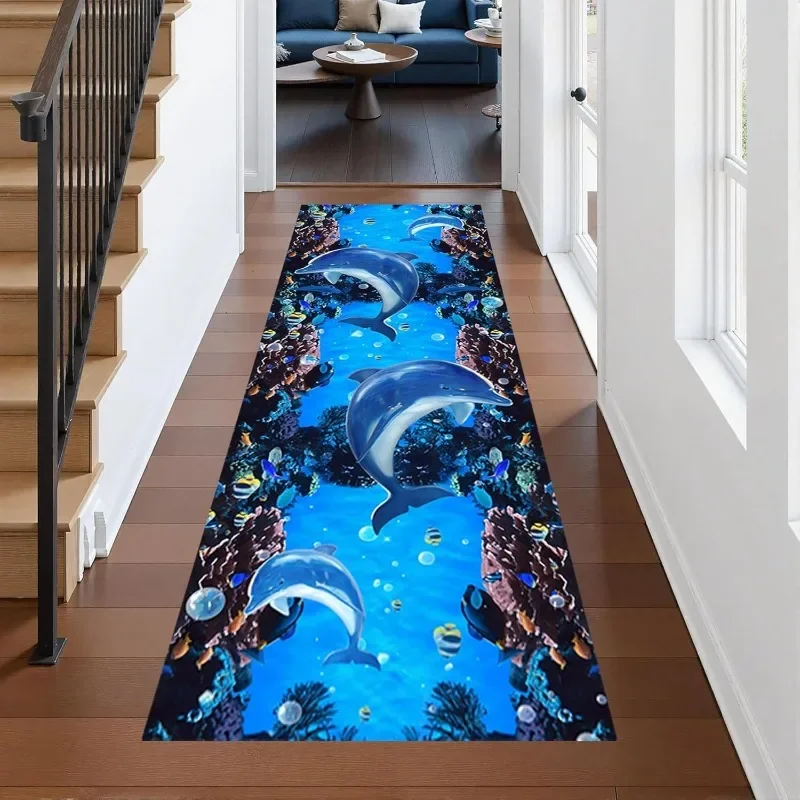 3D Optical Illusion Ocean World Runner Rug Dolphin Coral Reef Print Carpet Realistic Underwater Scene Home Decor Mat for Hallway