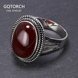 Genuine 925 Sterling Silver Rings Vintage Mens Rings with Green Red Original Agate Stone Retro Hollow Design Silver 925 Jewelry