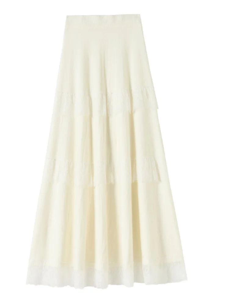 High Waist Lace Patchwork Velvet Cake Skirt Women's Autumn Winter Sle Ballet Fairy A-Line Umbrella Skirt Korean Version Cit...
