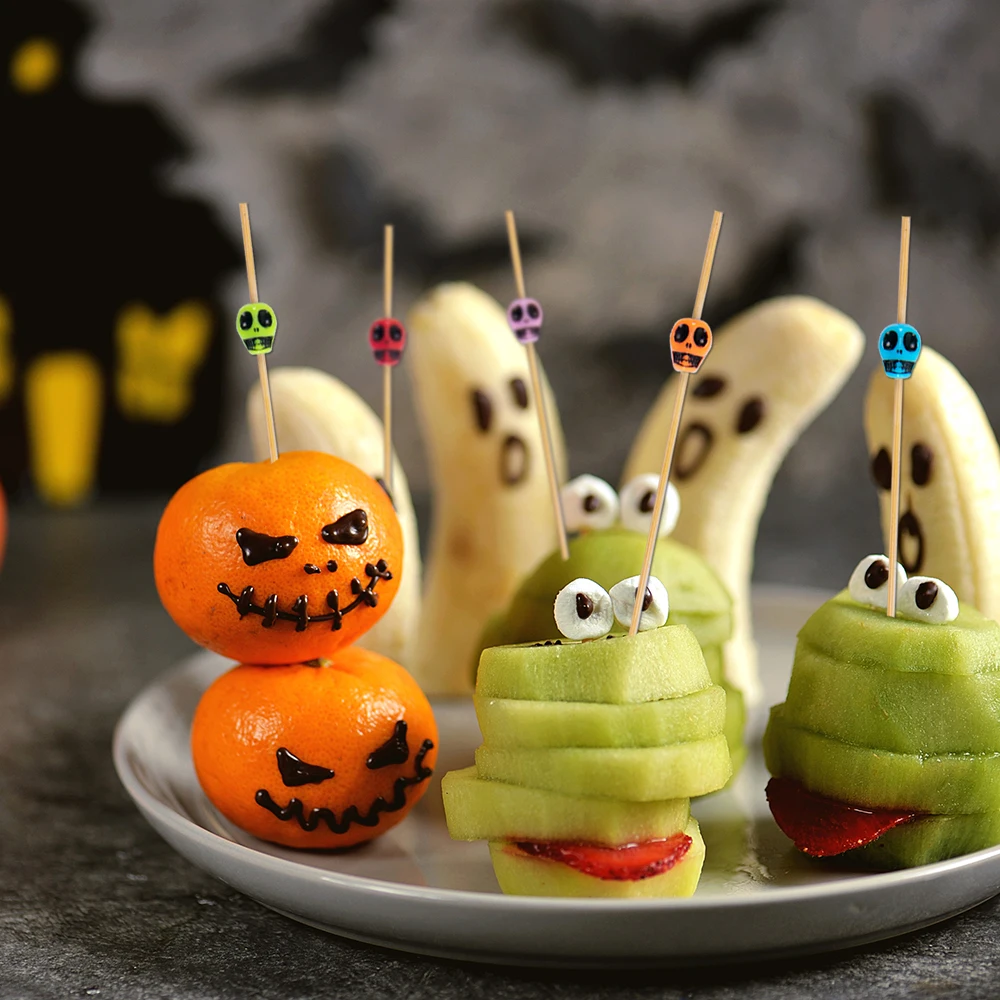 Piezas desechable de bambú para fiesta temática de Halloween, tenedor para fruta, postre y cóctel, suministros para fiestas, 100