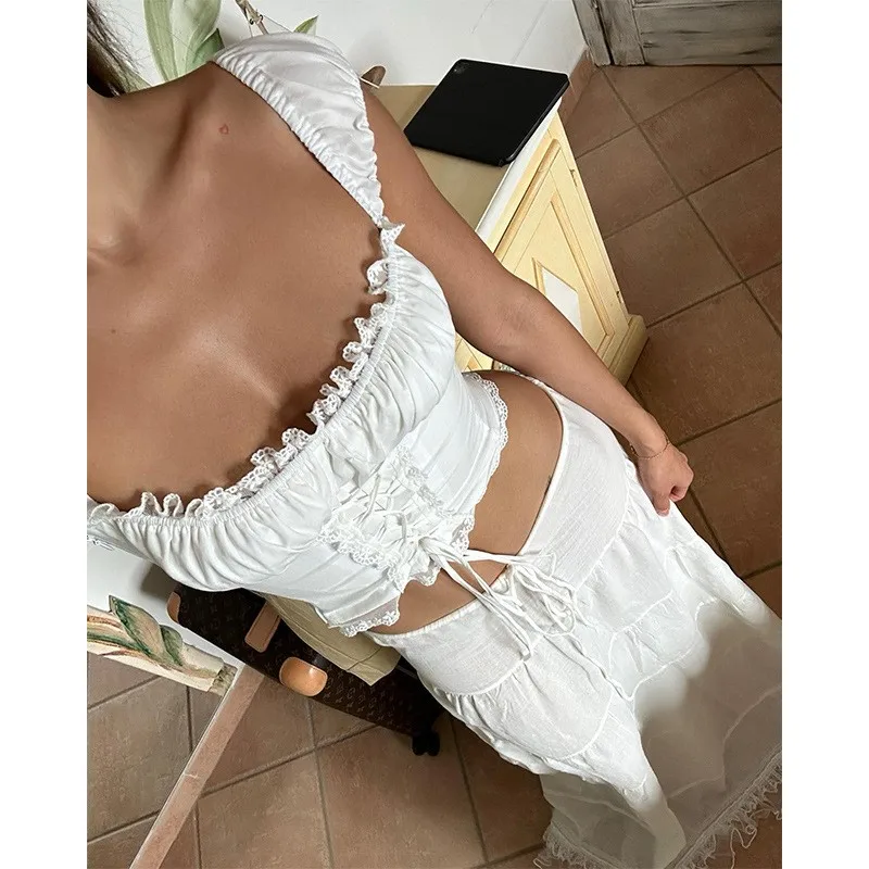 Square Neck Lace Trim Crop Top Low-waist Draw-string Long Skirts 2 Piece Set Women Summer Cross Tie Strap Vest Slim Skirt Set