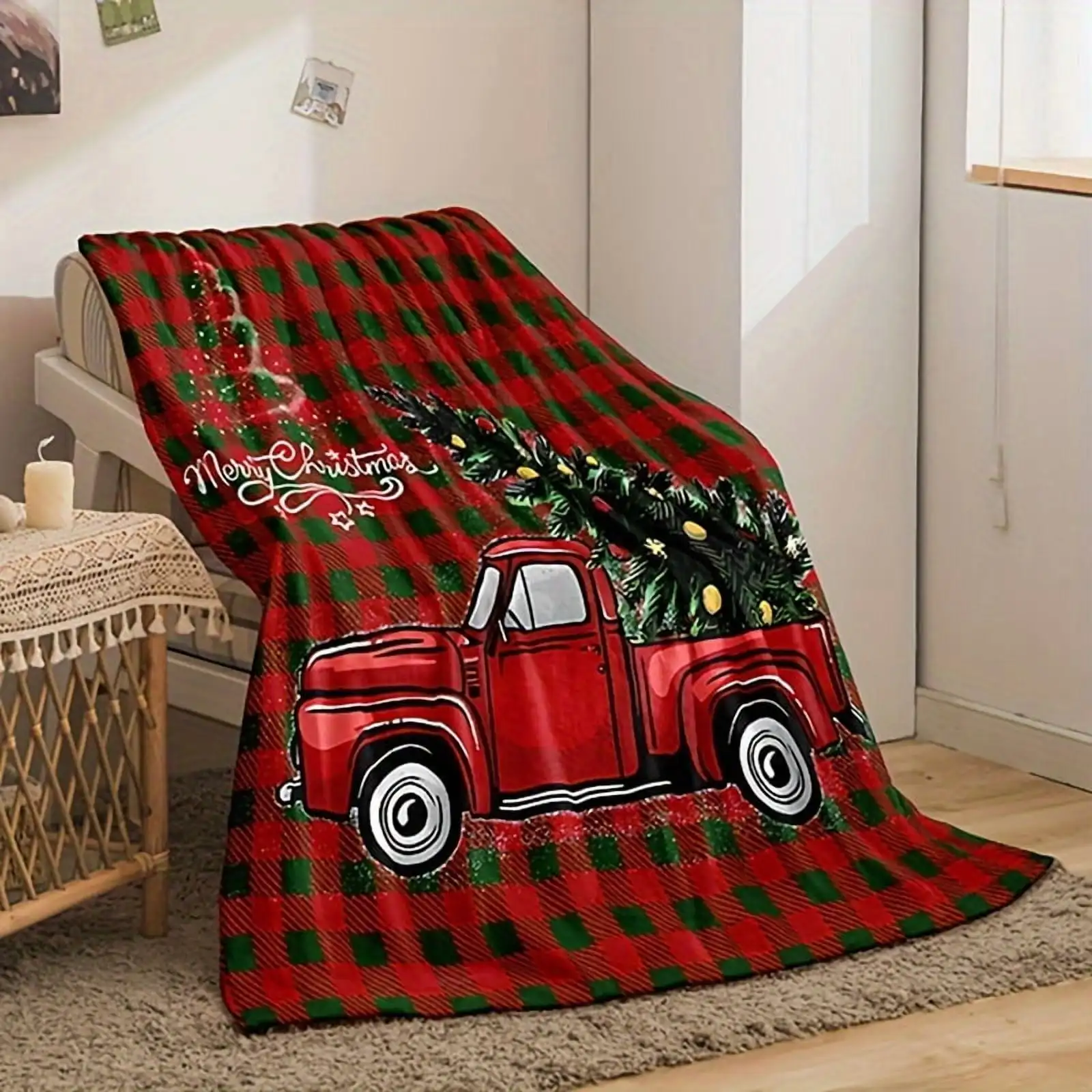 Ultra Soft Cozy Plaid Truck & Christmas Tree Flannel Throw Blanket for All Season Comfort Perfect for Couch Bedroom Travel