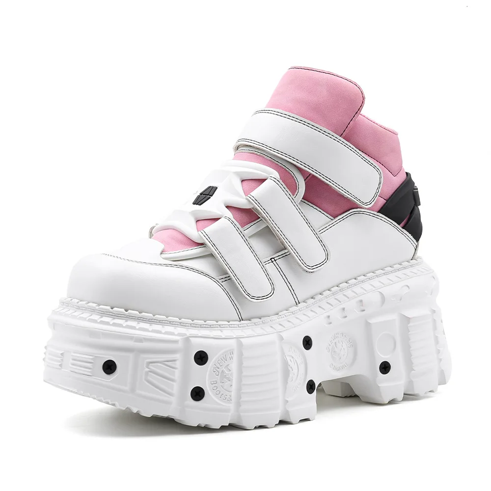 

Весна 2024, женские розовые ботильоны для женщин, толстый низ, круглый носок, петля с крючком, металлические украшения, ботинки на платформе, женские рок-сапоги