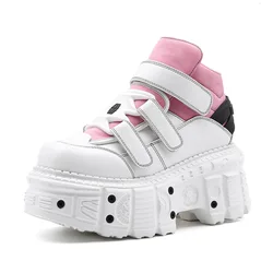 2025 Spring Women Pink Ankle Sneakers for Woman Thick Bottom Round Toe Hook Loop Metal Decoration Platform Boots Lady Rock Boots