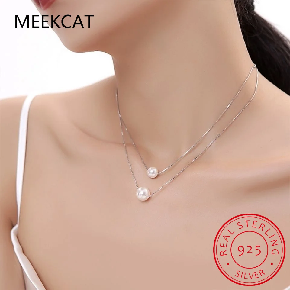 925 Sterling Silver Temperament Sweet Double Layer Round Pearl Pendant Necklace Choker For Women Wedding Jewelry Gift DS1869
