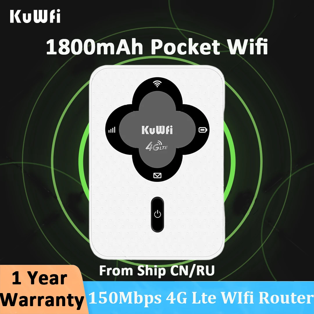 KuWfi Unlock 4G Lte WIfi Router Hotspot Wireless Pocket WIfi Portable Modem Mobile 300Mbps High Speed Travel 1800mAh Battery