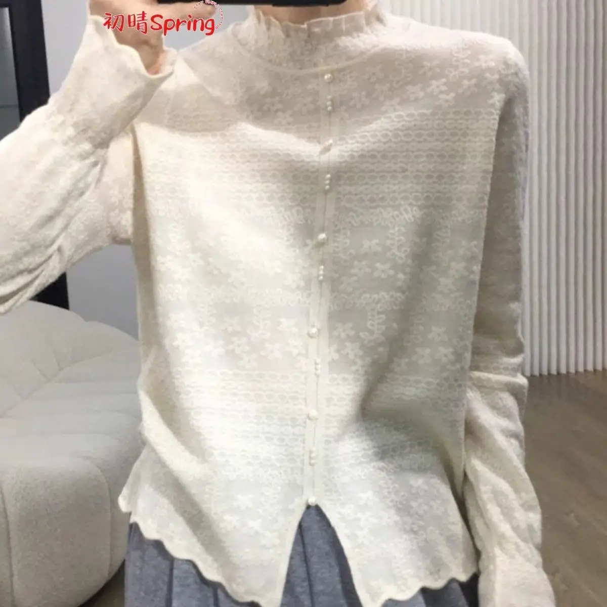 أنيقة نصف الياقة العالية شق زر الدانتيل سترة الربيع تنوعا طويلة الأكمام الطبقات الداخلية قميص للنساء