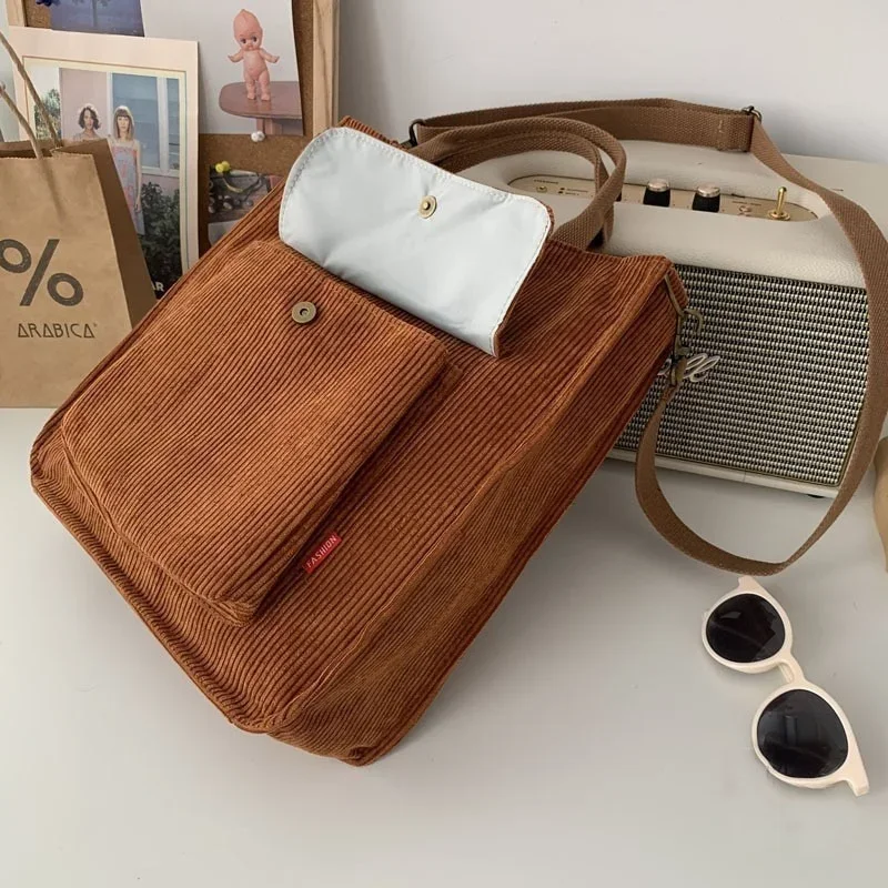 1 Stück Cord-Umhängetasche für Damen, Vintage-Einkaufstaschen, Reißverschluss, für Mädchen, Studenten, Büchertasche, Handtaschen, lässige Tragetasche mit Außentasche – Detail 6