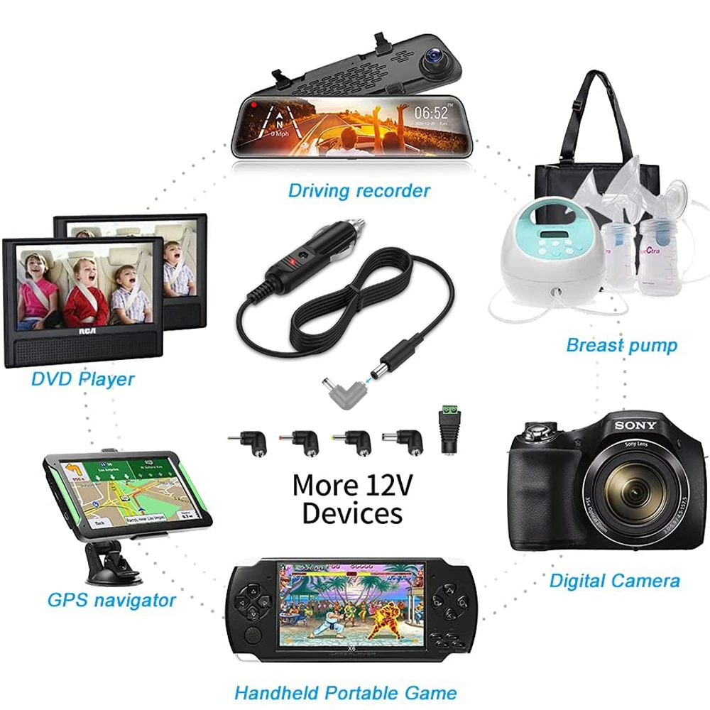 범용 차량용 충전기, 휴대용 DVD 플레이어, 시트 쿠션, GPS, 휴대용 도시락, 스피커, DC 5.5x2.1mm, 커넥터 5 개, 12V 2A