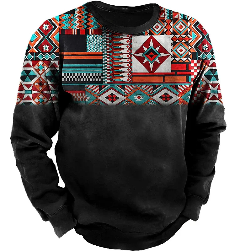 

2025 Fashion Autumn Retro National Graphic 3D Print Men's Hoodless Sweatshirt Casual Breathable Round Neck Hoodie Street Clothes