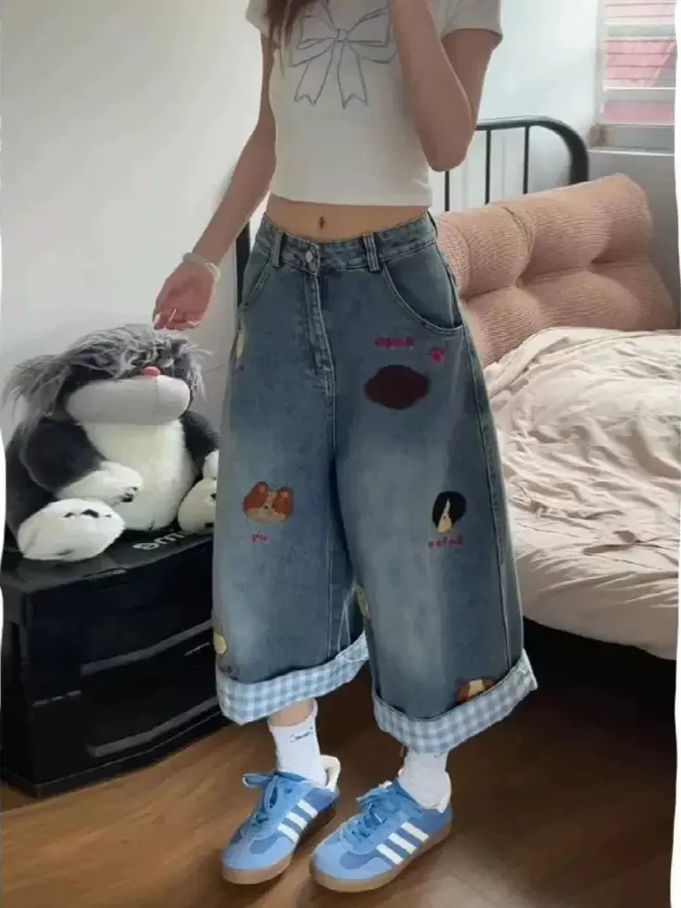 

Sweet Cool Spicy American Style Dog Embroidery Flip-Off Jeans Shorts Women Summer Loose Slim Wide Leg Seven-Foot-Mid-Pants