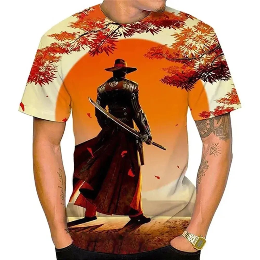 Samurai Pattern T-Shirt Fashion Casual Tops Men's T Shirt Short Sleeve Clothing Summer Loose Anime Japanese 3d Style Blouse 2024