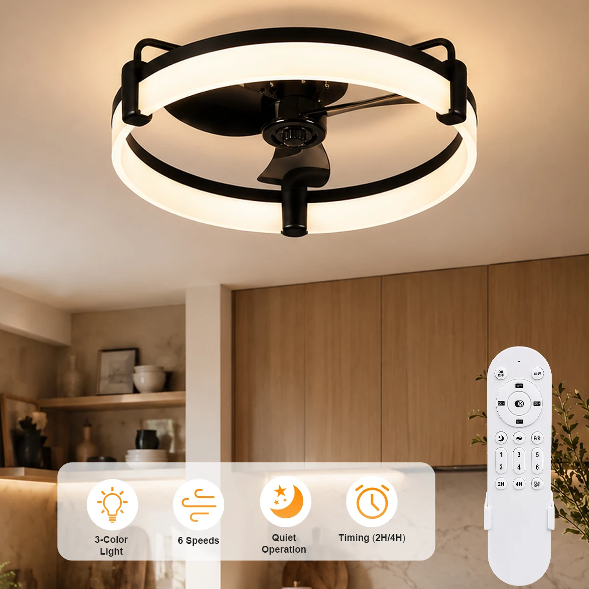 Ventilateur de plafond LED Aiopp ultra silencieux, rond, pour intérieur, avec variateur d'intensité, 6 vitesses, moteur DC réversible, pour salon, chambre, cuisine