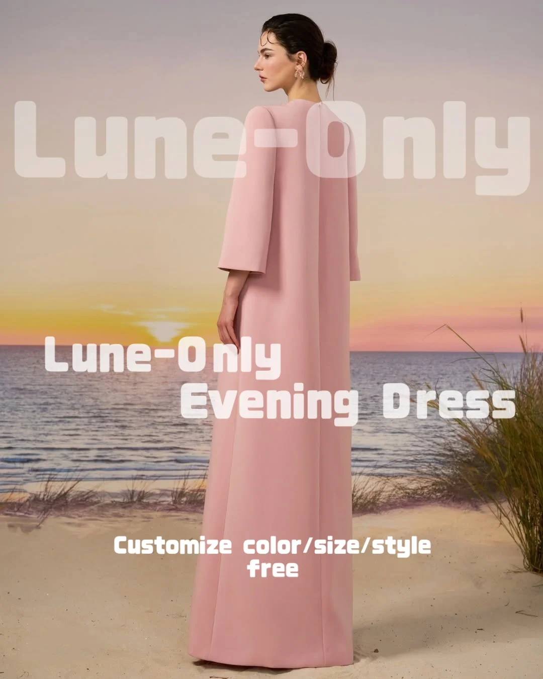 カスタマイズされた長袖ラインストーンゆったりとしたイブニングドレス高級ピンクエレガントなパーティードレスラウンドネックプロムフォーマルドレス