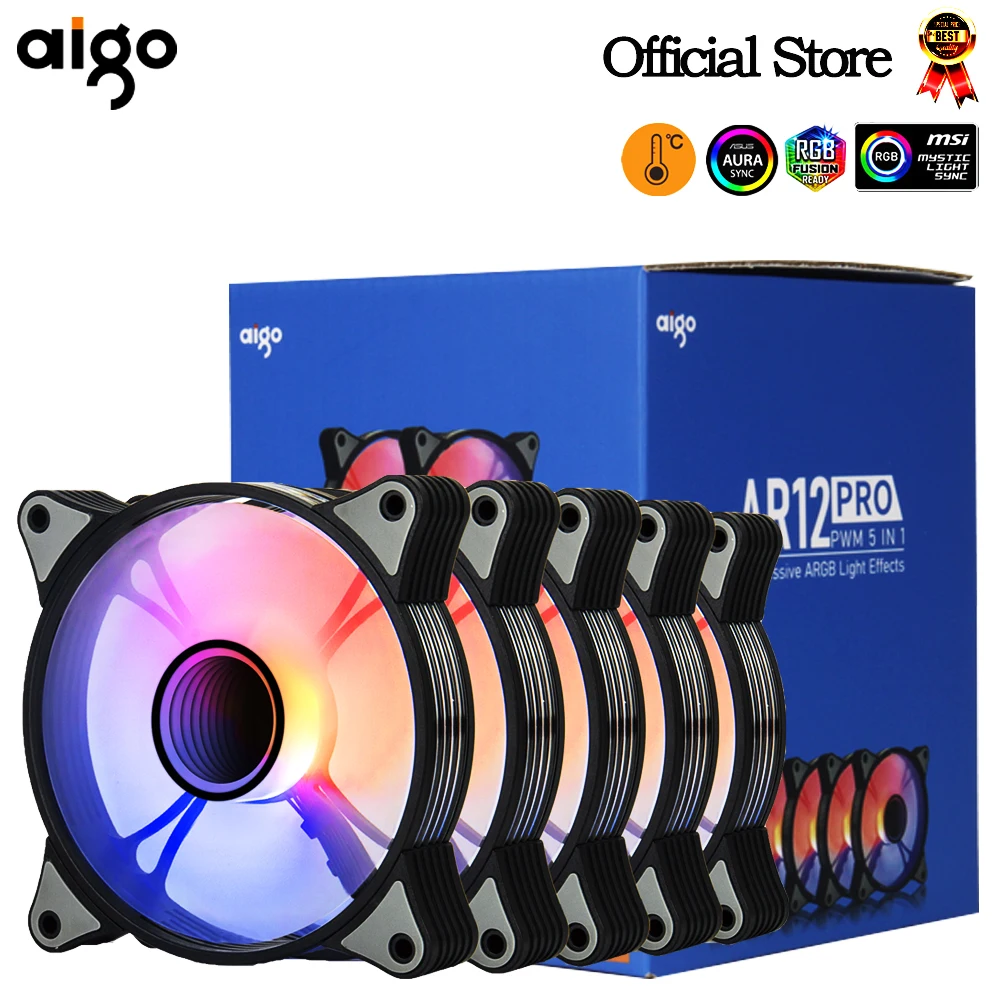 Aigo-ar12 pro 컴퓨터 케이스 팬 PC 120mm rgb 팬, 4 핀 PWM CPU 냉각 팬 3 핀 5v 무제한 공간 argb 12cm ventilador