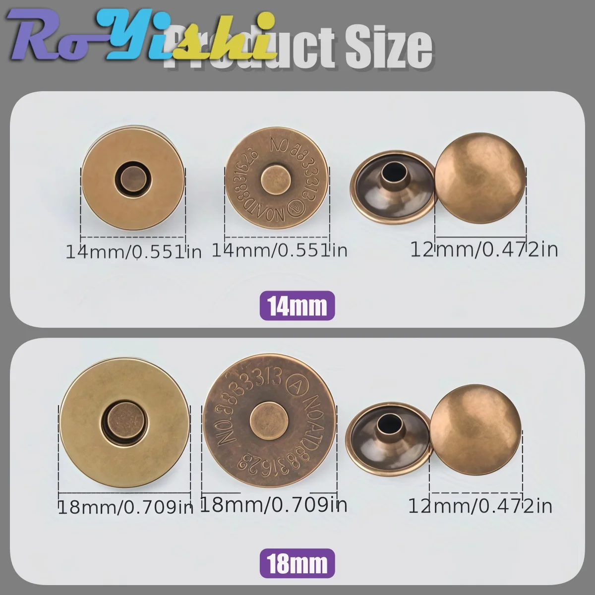 10-100Sets RoYishi 14/18mm Diameter Round Magnetic Snap Sets, Strong Magnetic Button Clasps Double-Sided Magnetic Leather Snaps