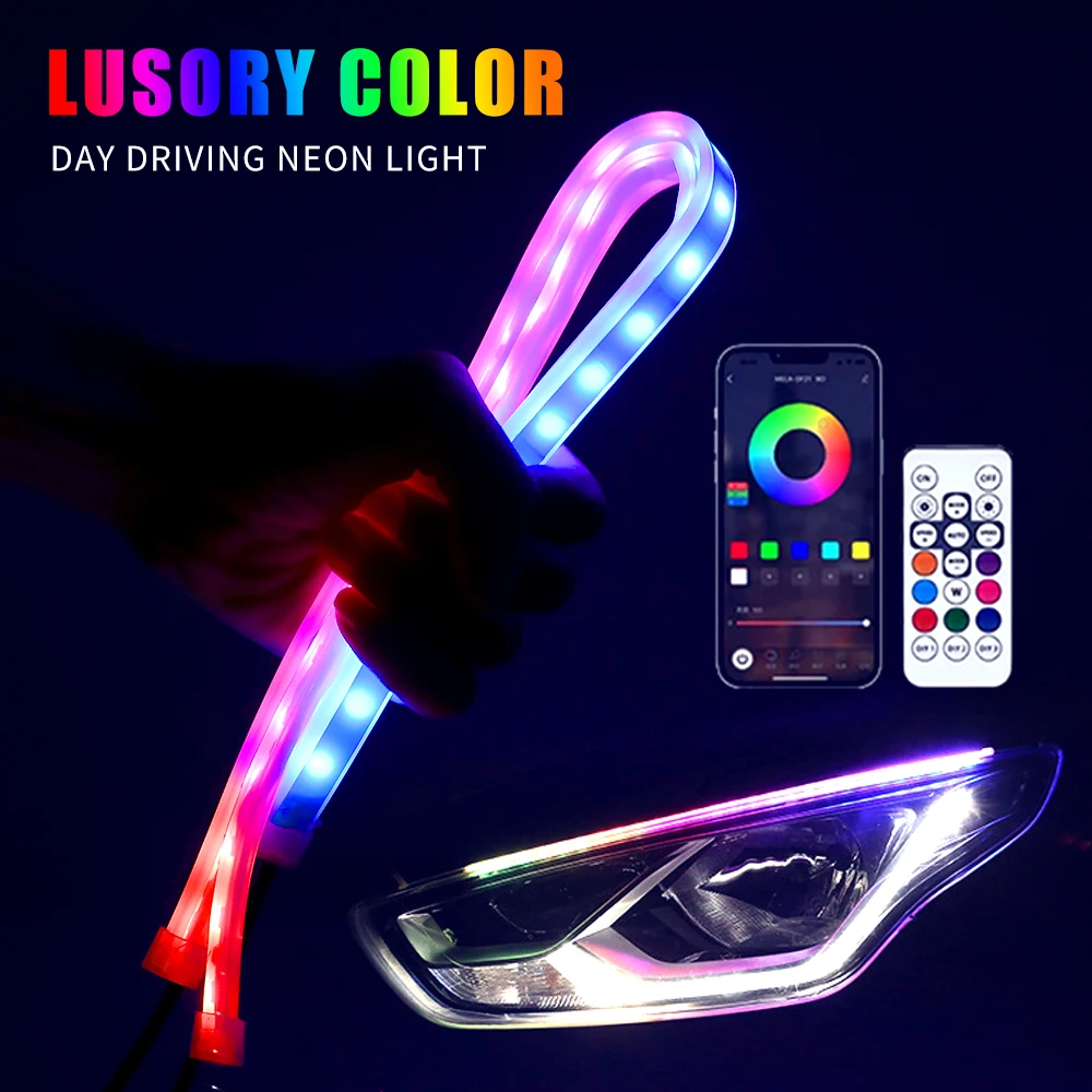 Bande LED Voiture Flexible 60 Cm – Feux De Jour Blancs + Clignotants Ambre Dynamiques – Tube Souple Ultra-Mince 12V