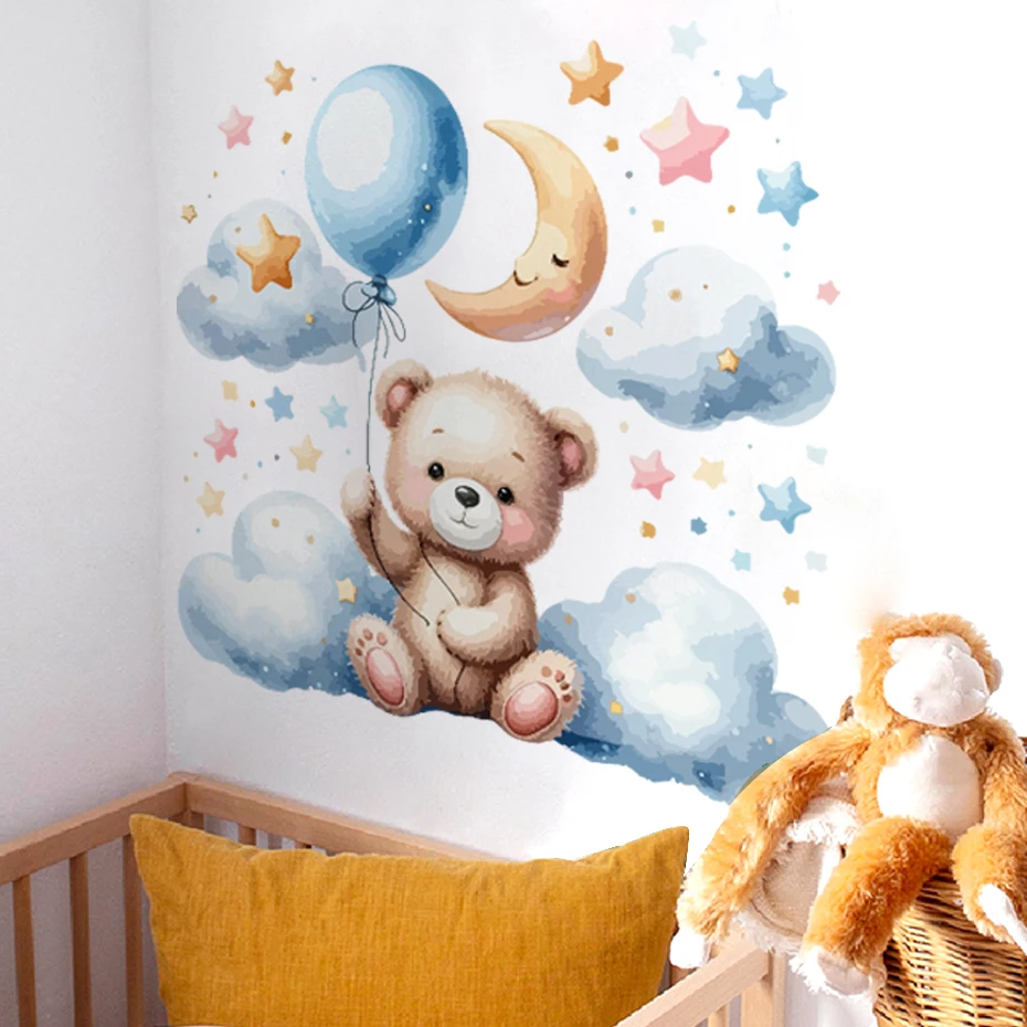 Watercolor Cartoon Teddy Bear Cloud Stars Balloon Wall Stickers for Kids Room Baby Room Decoration Wall Decals Room