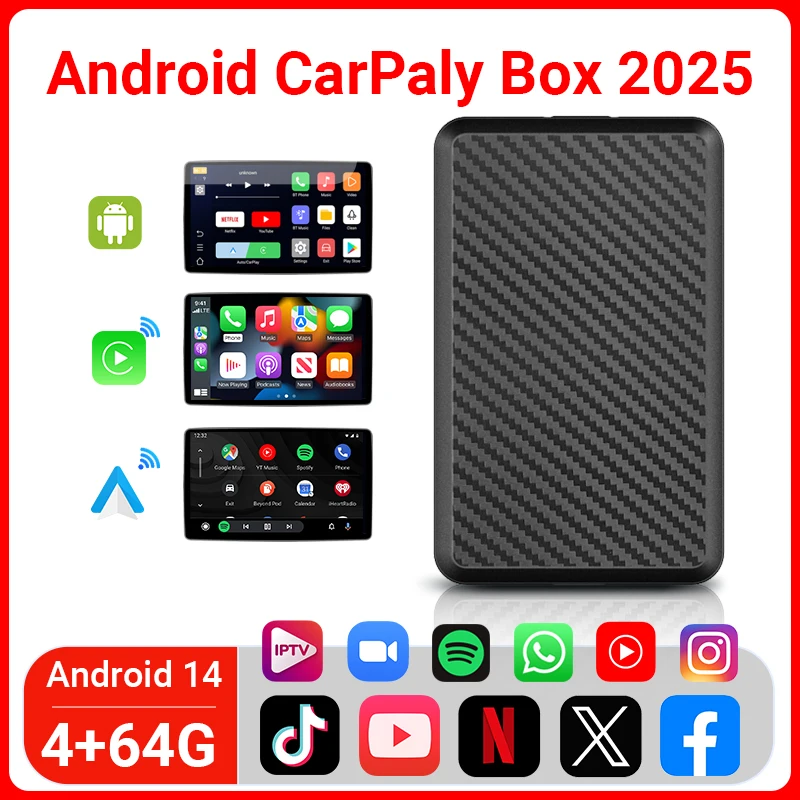 Android14 Wired to Wireless CarPlay Ai Box Android Auto 3in1 For Youtube Nexflit 4Cores 4G+64G Plug and Play For Audi Mazda Benz