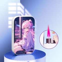 Metal Pink Flame Gas Lighter, INS Cute Anime Girl Serie Windproof Inflatable Lighters, High Beauty Gift for Boyfriend Girlfriend