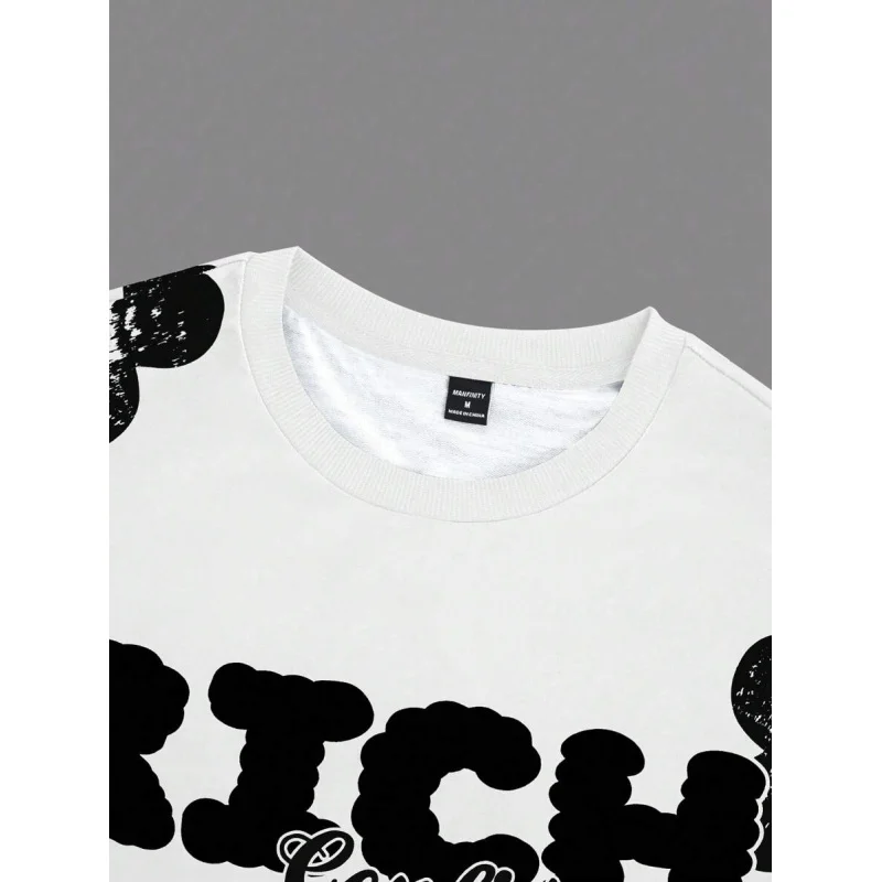 Men's Letter & Floral Print Round Neck Short Sleeve Casual T-Shirt And Drawstring Waist Shorts Suit