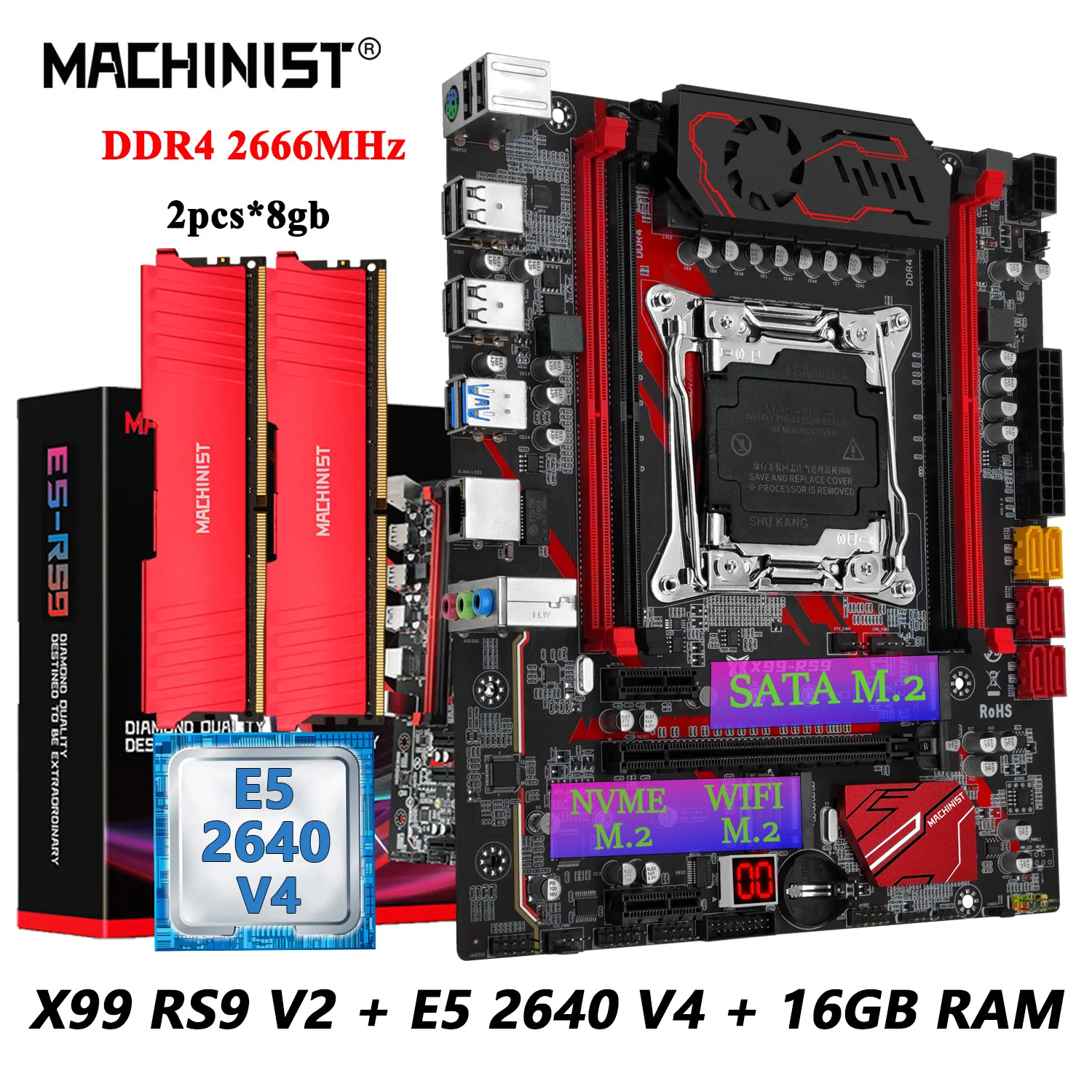 

RS9 MACHINIST X99 Motherboard Kit Set With Intel LGA 2011-3 Xeon E5 2640 V4 CPU DDR4 16GB (2*8GB) RAM 2666mhz Memory combo M-ATX