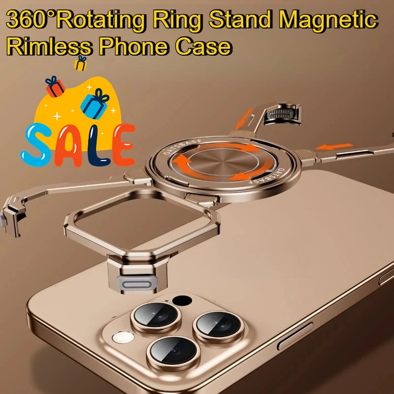 

For Iphone 16 15 14 13 Pro Max Simple Design Shockproof Protector Cover 360°Rotating Ring Stand Magnetic Rimless Phone Case