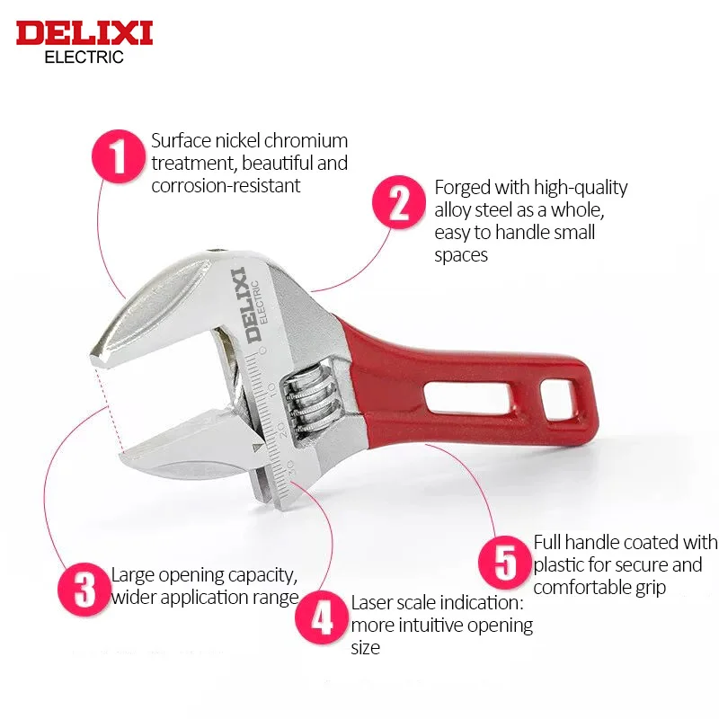 DELIXI ELECTRIC Short Handle Wrench，Big Opening Ratchet Wheel Adjustable Bathroom Wrench，for MaintainingBathroomPiping Facilitie