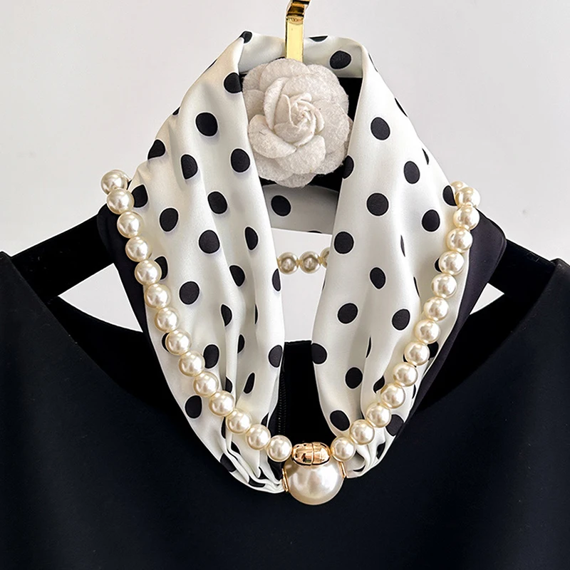 Magnetic Narrow Elegant Satins Neck Scarf Wrap With Pearls Chain Necklace And Buckle For Women Vintage Floral Silk Neckerchief image 6