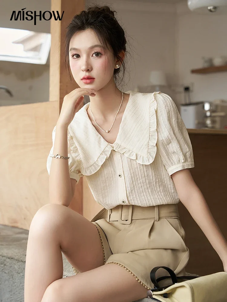 MISHOW Peter Pan Collar Short Sleeve Temperament Shirt Summer Chic French Puff Sleeve Sweet Single Breasted Top MXC38X0052