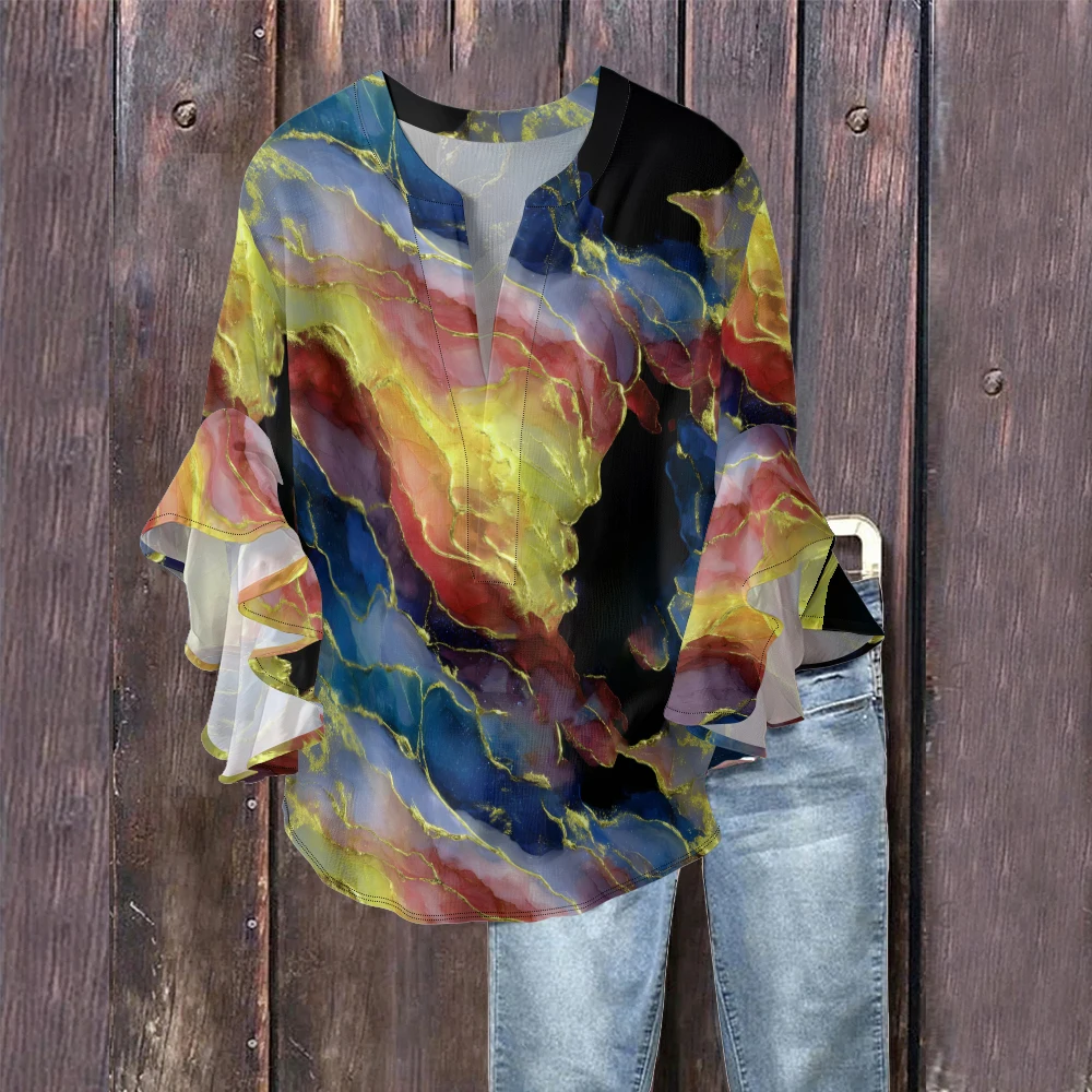

Unique Marble Dye Print V-Neck Shirt Women's Flowy Crinkle Fabric Blouse with Flared Sleeves for Boho Fashion Spring Autumn Tops