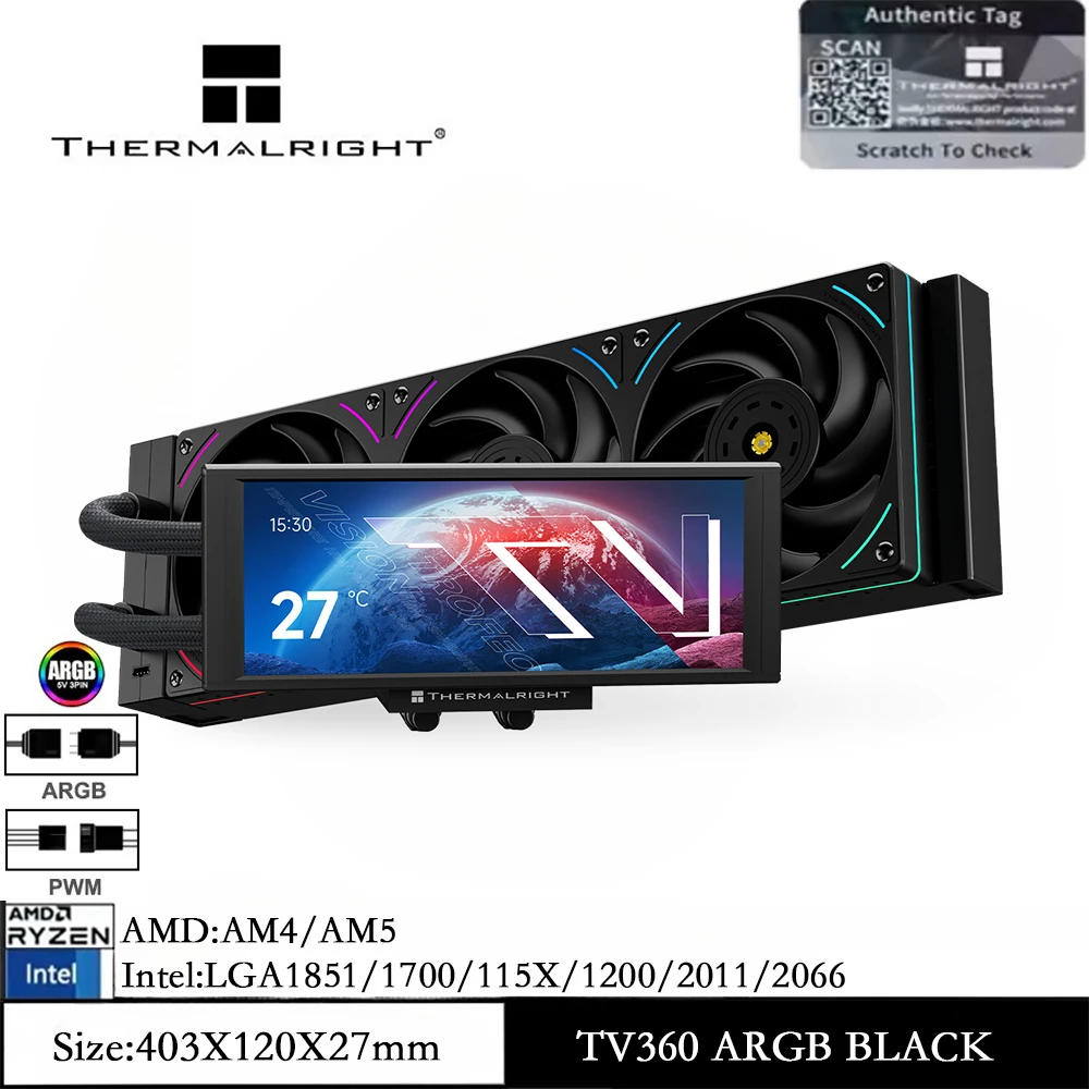 

Thermalright TROFEO VISION 360 ARGB 360mm AIO Liquid CPU Cooler, With LCD Display Screen/Customizable GIF for LGA1851/1700/AM5