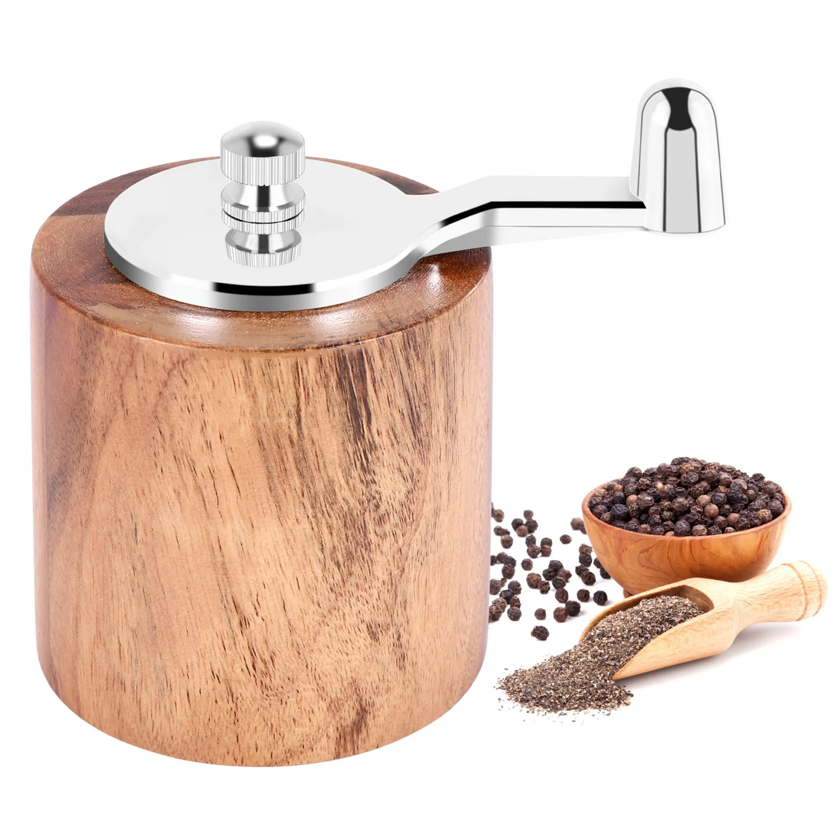 

Pepper Mill, Hand Crank Wood Pepper Grinder with Classic Handle and Adjustable Ceramic Rotor