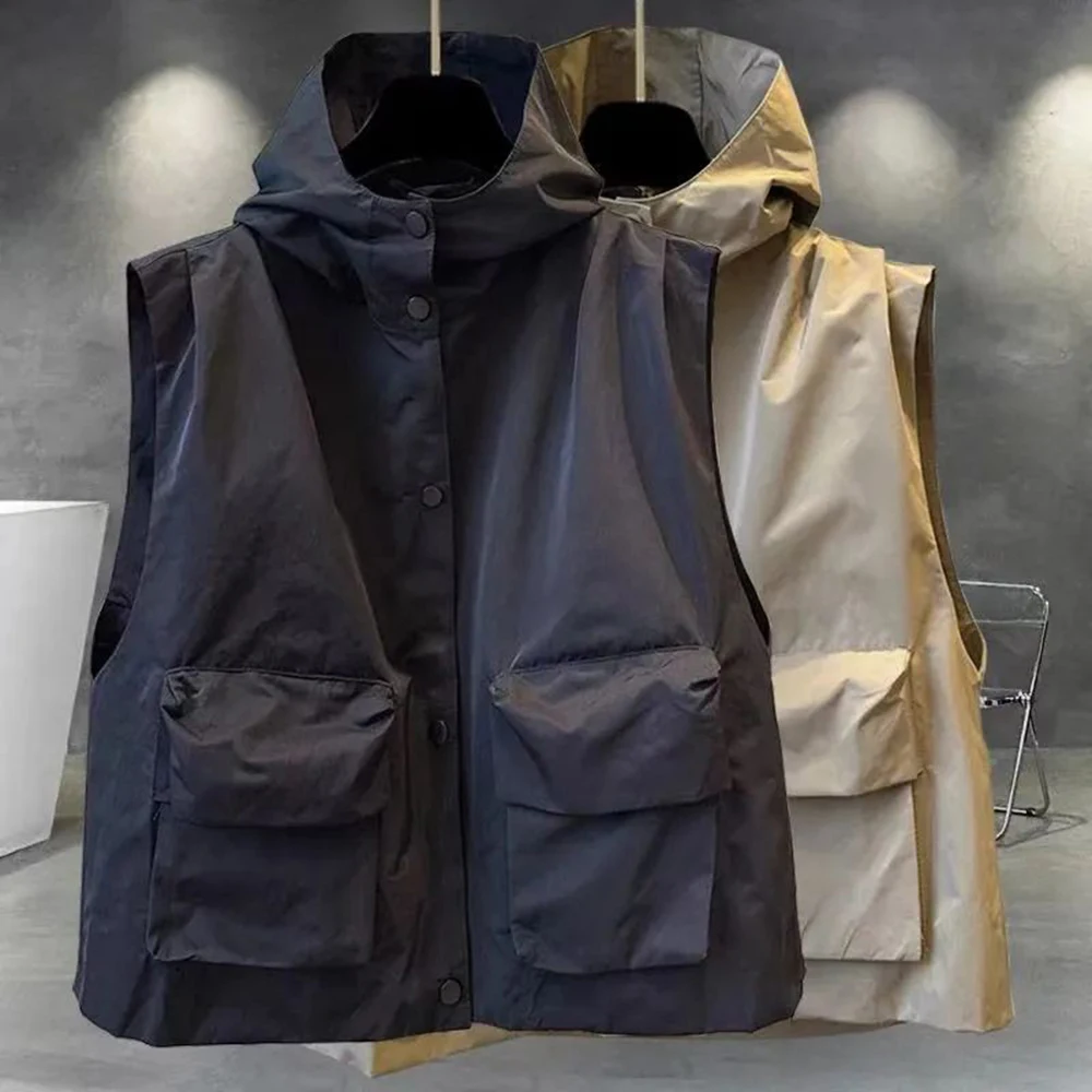 Mens Large Size Casual Vest 2024 New Solid Color Hooded Outer Vest Korean Style Trendy Work Wear Pocket Outer Wear Y2k Vest