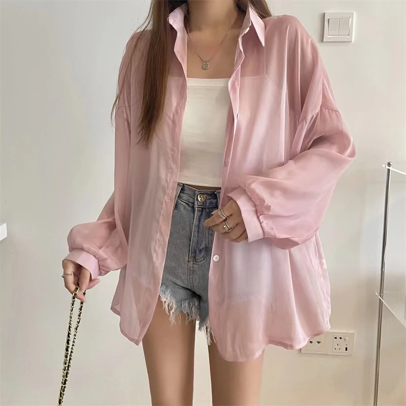 Glossy See Through Shirt for Women Blouse Long Sleeve Lightweight Sheer Organza Tops Ladies Casual Summer Cover Up Outfit