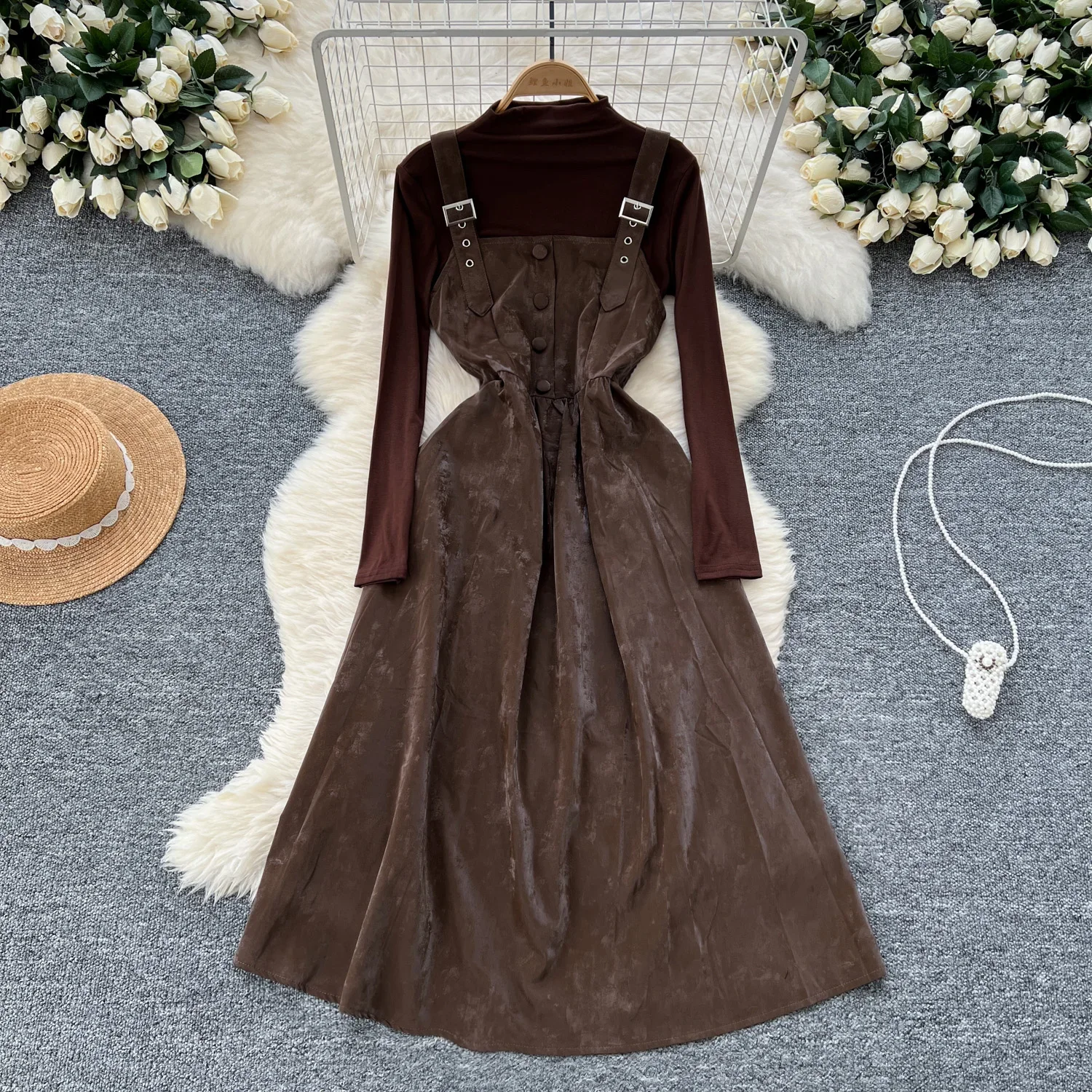 Chic Women Two-Piece Sets Vintage Long Sleeve Half High Collar Top and Straps Dresses Korean Fashion Winter High Street Clothing