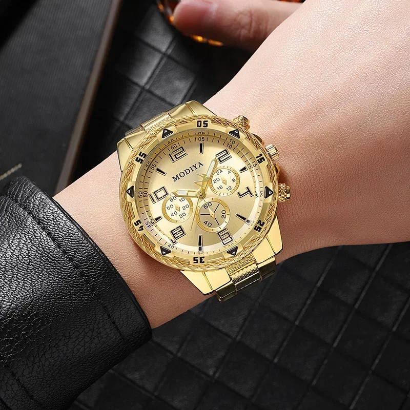 Mens Big Dial Quartz Wrist Watch Stainless Steel Strap Classic Casual Stylish Luxury Business Fashion Three Eyes Montre Homme