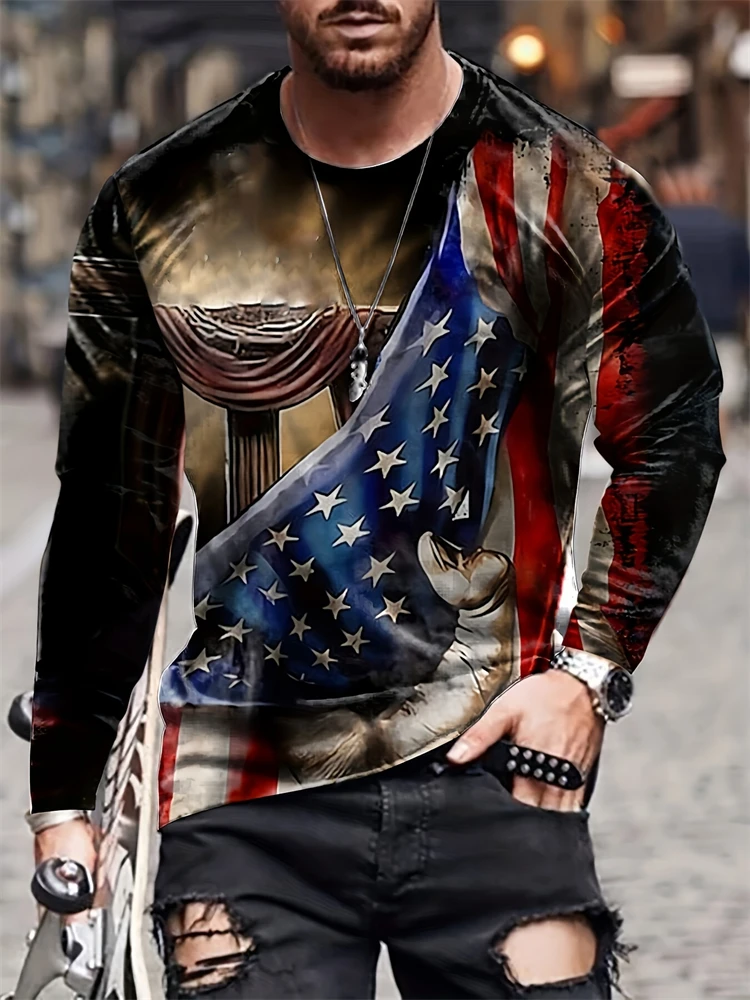 Vintage American Flag Printed Long Sleeve Summer Men's Round Neck Casual Long Sleeve T Shirt Fashion Pullover Men's Clothing