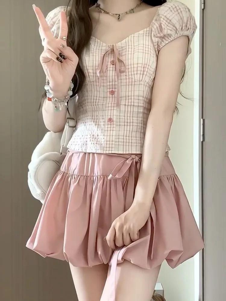 

Summer Sweet Puff Sleeve Single Breasted Plaid Top for Women+ Y2k Slim Wais Bow Flower Bud Skirts 2025 New Two Piece Sets