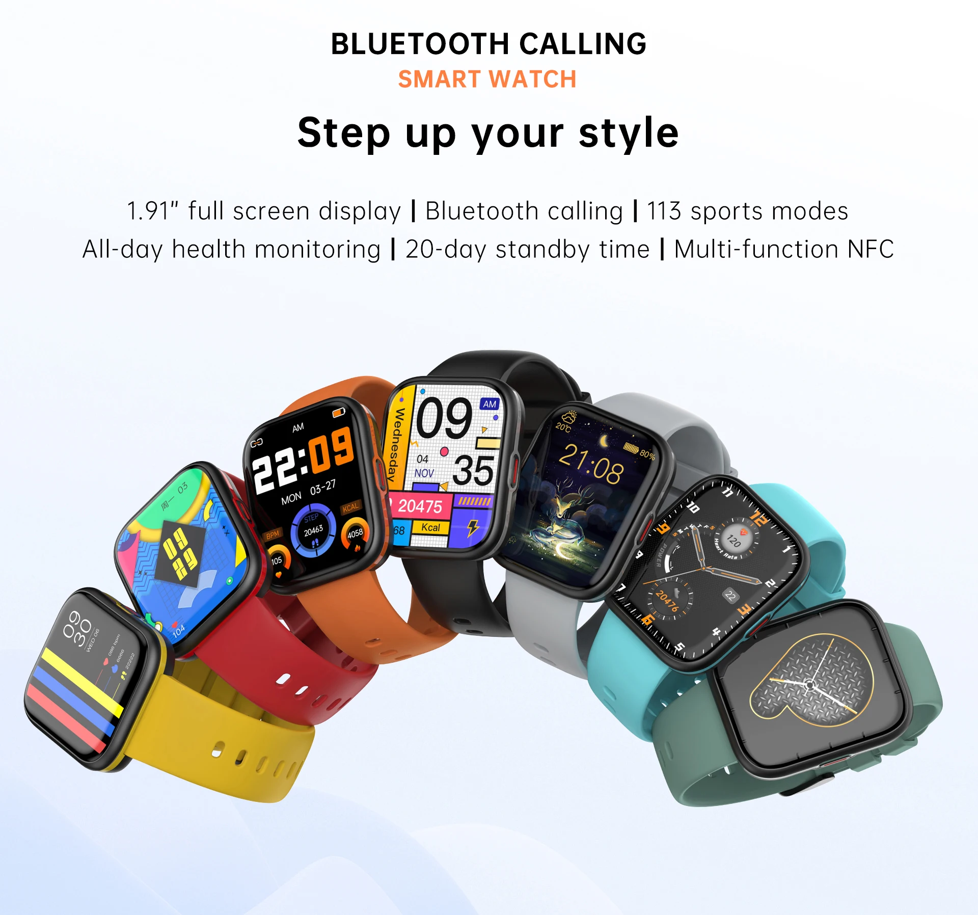 

Smart Watch 1.91" 113 Sport Modes NFC Heart Rate Blood Oxygen IP68 Waterproof Voice Assistant Bluetooth Call Sedentary Reminder