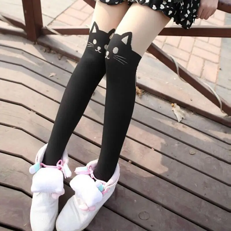 

R1WE Japanese Fashion for Cat Print Design Pantyhose Women Silky Nylon Ti